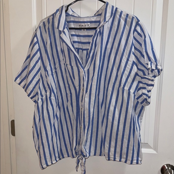 Ava & Viv Tops - Ava &Viv Linen Blue and White Striped Women's Top
